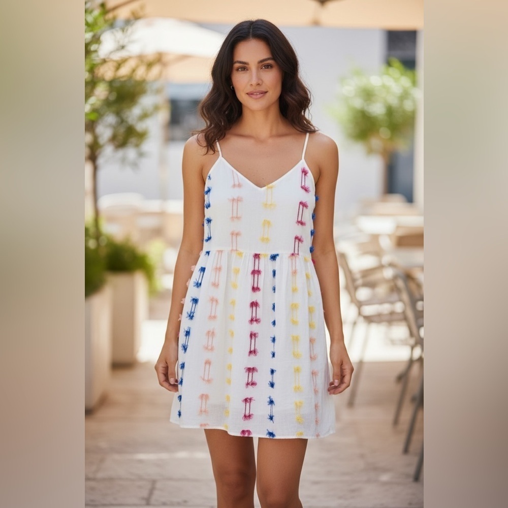 Lou & Grey for LOFT White Dress with Red, Blue, and Yellow Accents